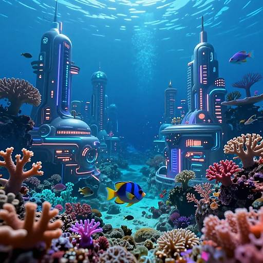 Vibrant underwater scene with futuristic, neon-lit city towers surrounded by colorful coral reefs and a blue-and-yellow fish swimming. Photorealistic CGI