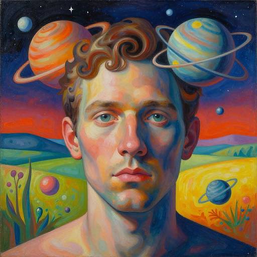 Digital painting of a pale-skinned man with curly brown hair, planets on his head, against a vivid, colorful cosmic landscape.