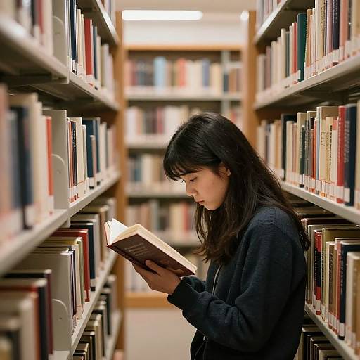 Photograph of an Asian woman with long black hair, wearing a black sweater, reading a book in a brightly lit library aisle with tall, filled book