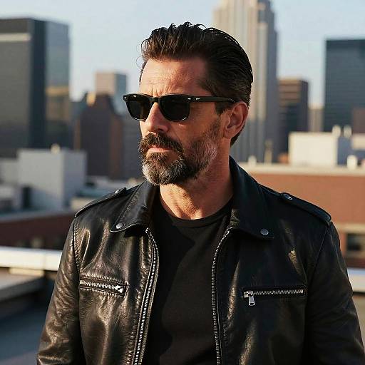 Photograph of a rugged, middle-aged man with dark hair and beard, wearing black sunglasses, leather jacket, and black shirt, standing on a rooftop