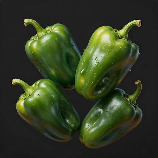 Photograph of four fresh, green bell peppers with water droplets, arranged in a triangular pattern against a dark blue background.