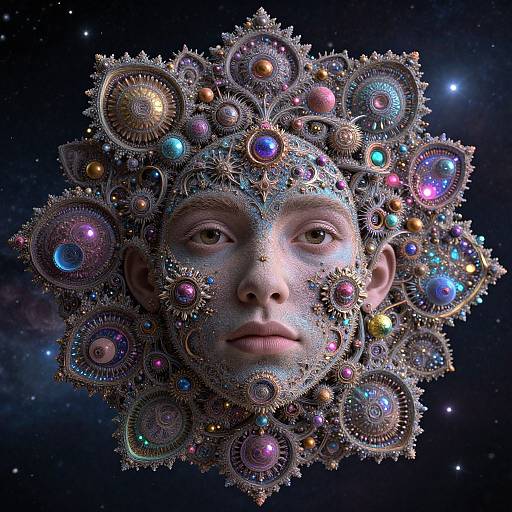 Digital art: Human face with mechanical, colorful gears and jewels for a head, set against a starry, cosmic background.