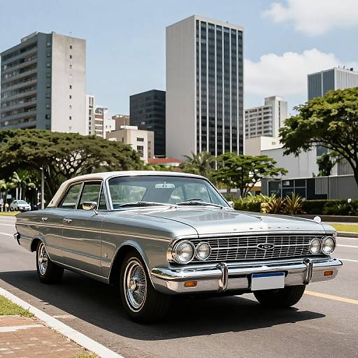 Photograph of a silver 1960s classic car with chrome details, parked on a city street, tall modern buildings in the background.