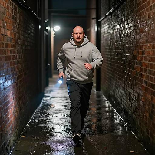 Man running in wet alley with flashlight at night