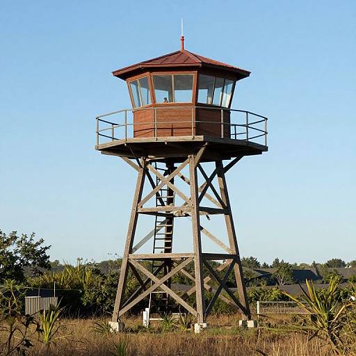 Photograph of a wooden lifeguard tower with a red roof, standing on a metal lattice frame in a grassy, shrub-filled area under a