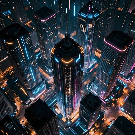 Aerial photograph of a neon-lit, futuristic cityscape at night, featuring towering skyscrapers with glowing blue, pink, and orange lights.