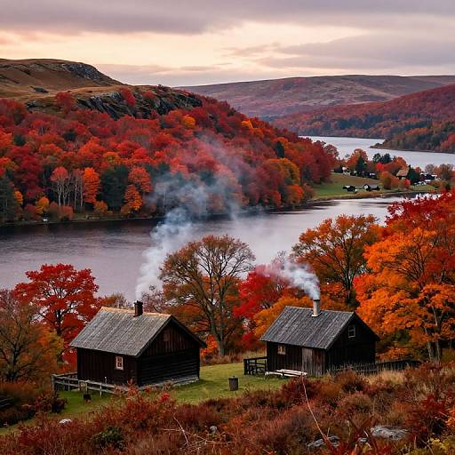 Photograph of two black wooden houses with smoke rising, surrounded by vibrant autumn trees and a lake, under a cloudy sky.
