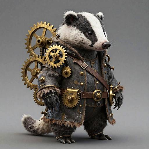 Digital art of a steampunk badger wearing a leather jacket with large brass gears, standing against a gray background.