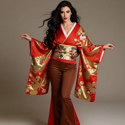 Photograph of a striking woman with long black hair, wearing a red and gold floral kimono, brown pants, and a gold obi belt,