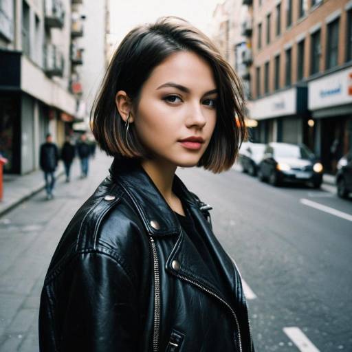 Teenage girl with chin-length bob in leather jacket on urban street