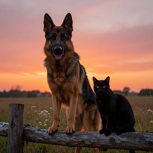 Photograph of a German Shepherd with a black cat, standing on a wooden fence at sunset, with a vibrant orange and pink sky in the background.