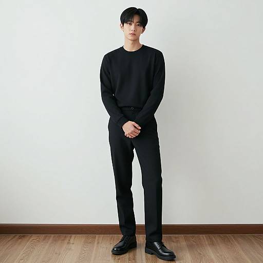 Photograph of an East Asian man with short black hair, wearing a black long-sleeve shirt, black pants, and black shoes, standing against