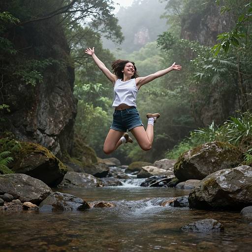 Photograph of a smiling young woman with curly brown hair, wearing a white tank top and denim shorts, joyfully jumping in a lush, rocky forest