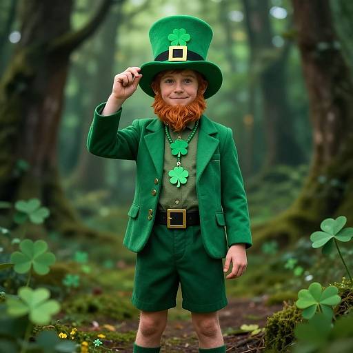Photograph of a young boy with red beard and freckles, dressed as a leprechaun in green outfit, hat, and shamrock
