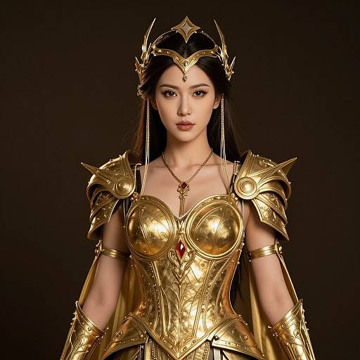 Digital artwork of an Asian woman in ornate golden armor with a crown, red gem, and cape, set against a dark background.