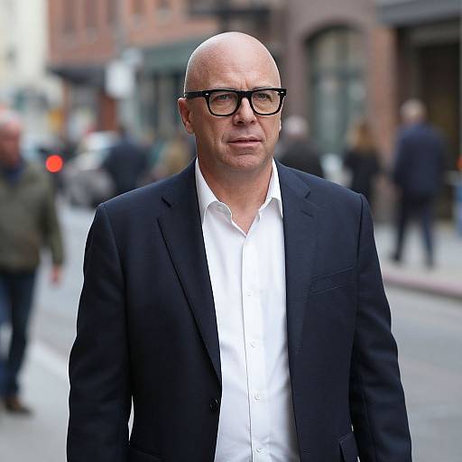 Photograph of bald middle-aged man with glasses, wearing black suit and white shirt, walking on urban street with blurred background.