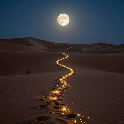 Photograph of a moonlit desert with a glowing string of lights tracing a winding path through sand dunes.