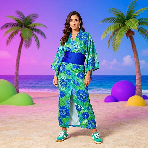 Photograph of a woman with long brown hair wearing a blue floral kimono, blue obi, green sneakers, standing on a beach with palm trees