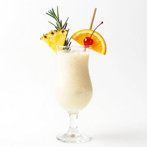 Photograph of a tropical cocktail with white drink, pineapple slice, sprig of rosemary, orange slice, cherry, and straw, on a white