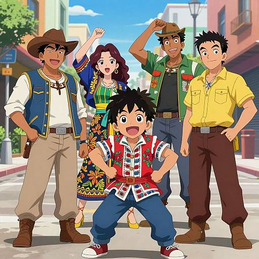 Anime-style illustration of five diverse family members in colorful, traditional Mexican attire, standing confidently on a sunny street.