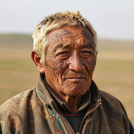 Mongolian Elder Portrait with Tattoos