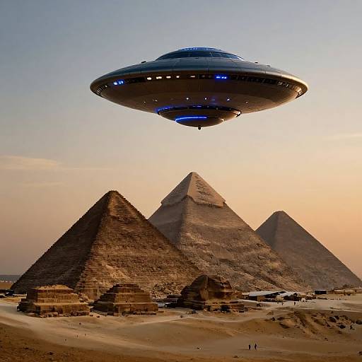 Photograph of a futuristic, blue-lit UFO hovering above ancient Egyptian pyramids at sunset, with sandy ruins and distant figures in the foreground.