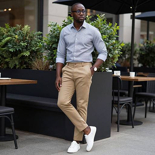 Photograph of a handsome, dark-skinned man in a blue patterned shirt, beige pants, and white sneakers, standing confidently outside a modern café