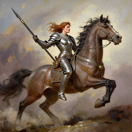 Digital painting of a fierce, fair-skinned woman with flowing red hair in shiny silver armor, riding a powerful, dark brown horse, holding a sword