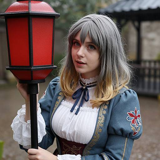 Photograph of a young woman with gray-to-blonde ombre hair, wearing a Victorian-style blue dress with white lace and red floral embroidery