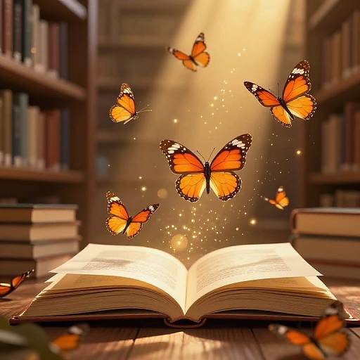Photograph of an open book on a wooden table, surrounded by floating orange butterflies with black and white patterns, in a warmly lit, book-filled library