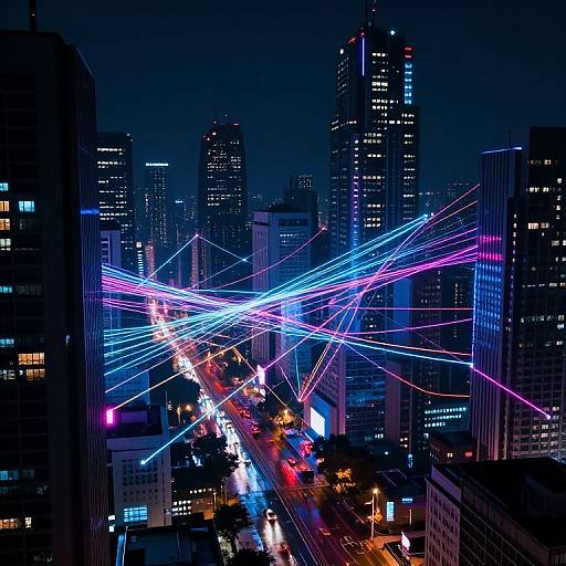 Nighttime cityscape photograph of skyscrapers with neon blue and pink light trails crossing over a brightly lit, busy street below.