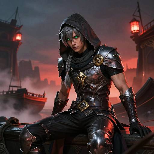 Fantasy Warrior with Green Eyes at Ruined Sky-Docks