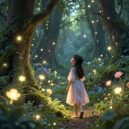 Dreamy forest scene: young girl in white dress gazes at glowing fireflies and colorful flowers under towering trees, surrounded by ethereal light.