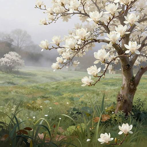 Serene Fantasy Meadow with Magnolias