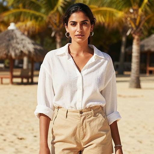 Photograph of an Indian woman with dark hair in a white textured blouse and beige high-waisted pants, standing on a sunny beach with palm trees