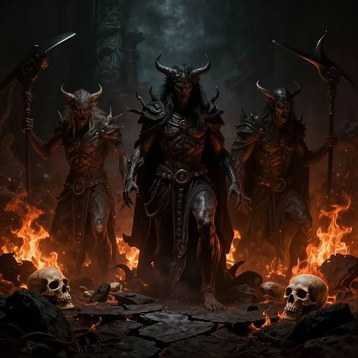 Digital artwork of three dark, horned demons with spiked armor standing over fiery pits, surrounded by skulls and holding weapons.