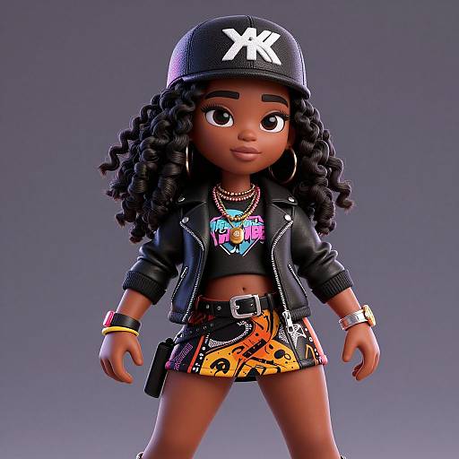Digital 3D artwork of a dark-skinned girl with curly hair, wearing a black 