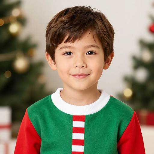 Photograph of a young boy with dark brown hair, wearing a green and red Christmas sweater with white stripes, smiling against a blurred festive background with Christmas