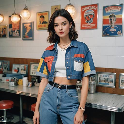 Young Woman in Y2K Denim Crop Top and Jeans
