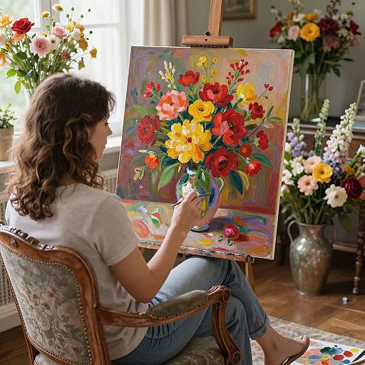Photograph of a curly-haired woman painting a vibrant bouquet on an easel, surrounded by colorful flowers in a sunlit room.