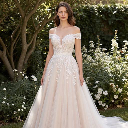 Photograph of a beautiful woman in an off-the-shoulder, white lace wedding gown with a full skirt, standing in a sunlit garden with