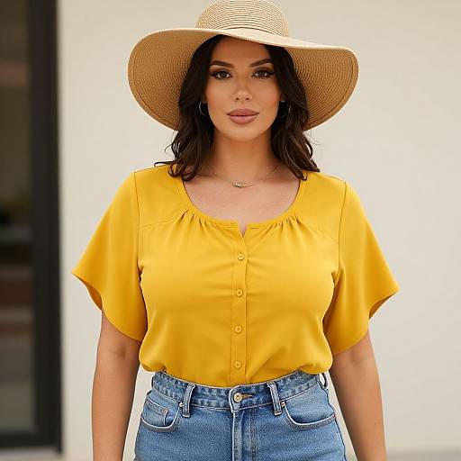 Photograph of a woman with medium skin tone, wearing a wide-brimmed straw hat, yellow button-up shirt, and high-waisted blue