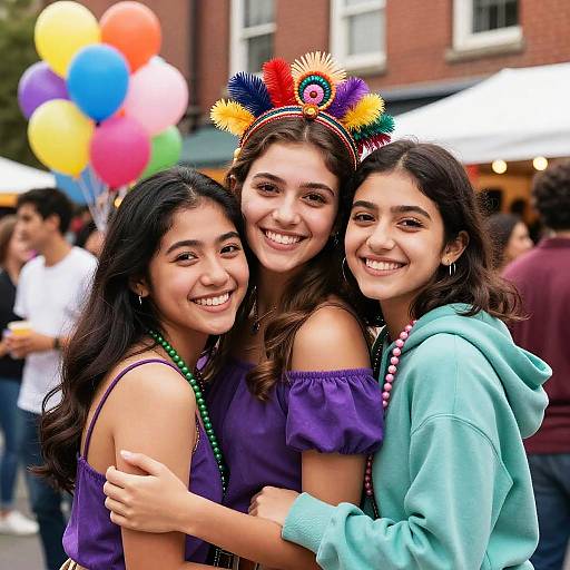 Three smiling teenage girls, diverse ethnicities, wearing colorful accessories and casual clothing, hugging at an outdoor festival with balloons in the background.