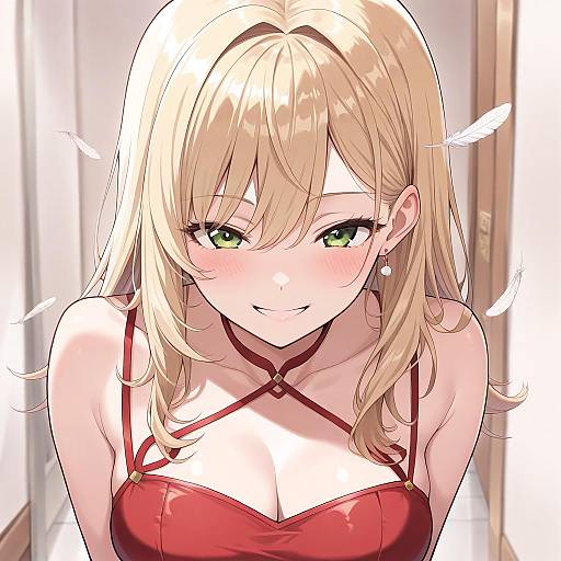 Blonde Woman in Red Feathered Dress