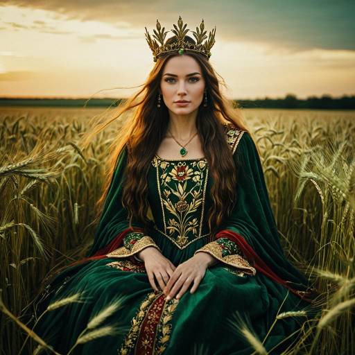 Medieval Queen in Wheat Field at Dusk
