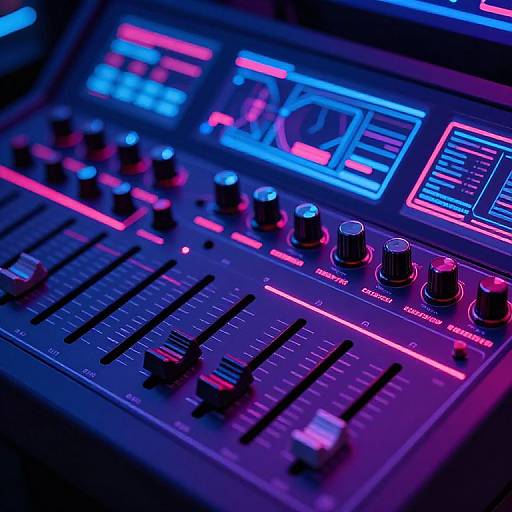 Photograph of a neon-lit DJ mixer with colorful LED displays, black and red knobs, and sliders, showcasing vibrant blue and pink lighting.