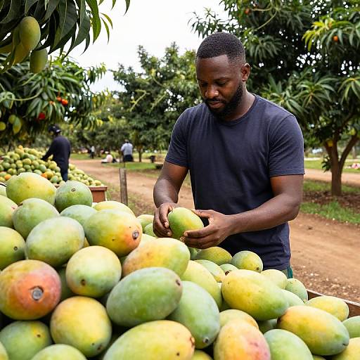 Photograph of a muscular Black man with short hair and beard, wearing a black t-shirt, sorting mangoes at an outdoor fruit market. Background shows