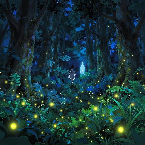 Digital fantasy artwork: Blue-lit forest at night, glowing fireflies, and a luminescent figure in white dress, surrounded by dark, towering