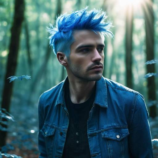 Mystical Blue-Haired Man in Forest