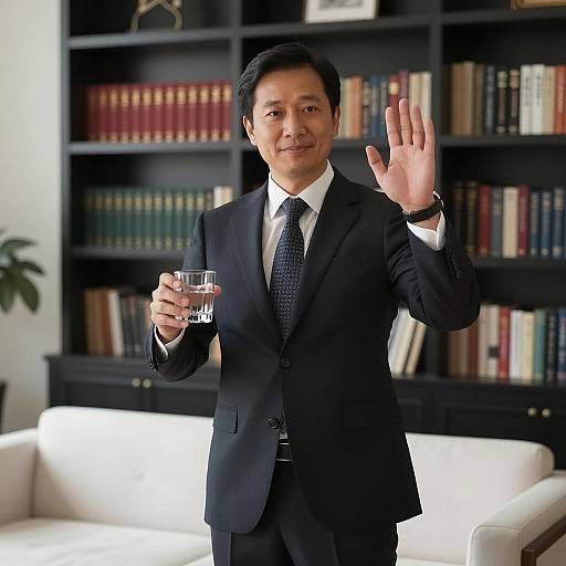 Businessman Holding Glass and Waving